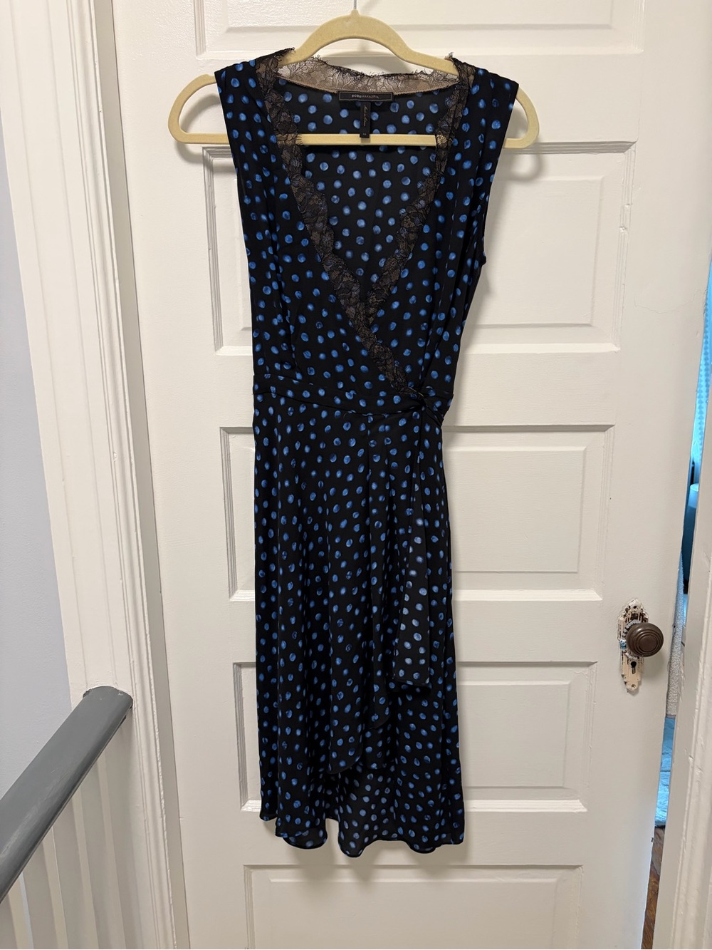 BCBGMaxAzria Black Dress with Blue Polka Dots and Lace Trim